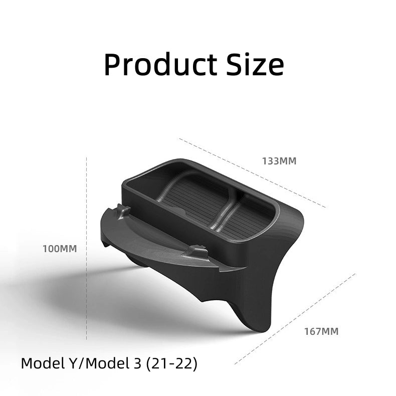 Black car storage box with dimensions labeled on a white background