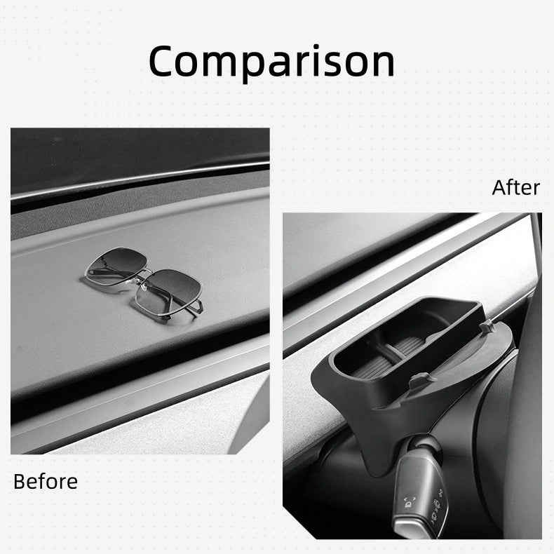 Comparison of a car organizer tray with and without sunglasses, labeled 'Before' and 'After'.
