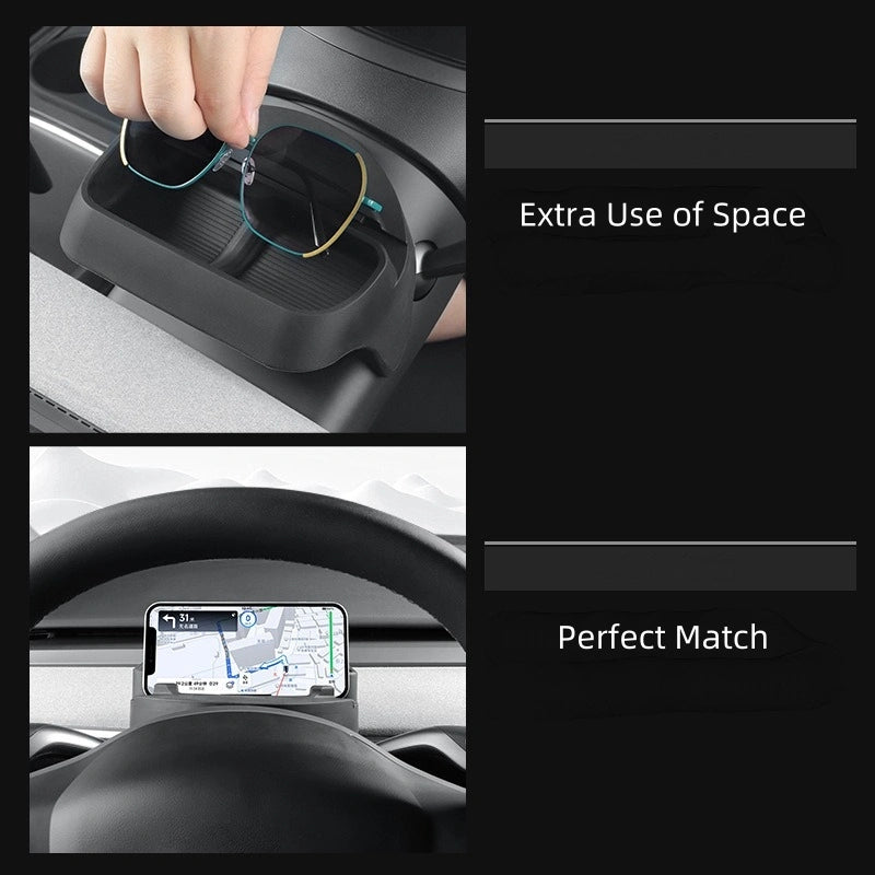 Car dashboard with phone mount and sunglasses holder, emphasizing space usage and compatibility.