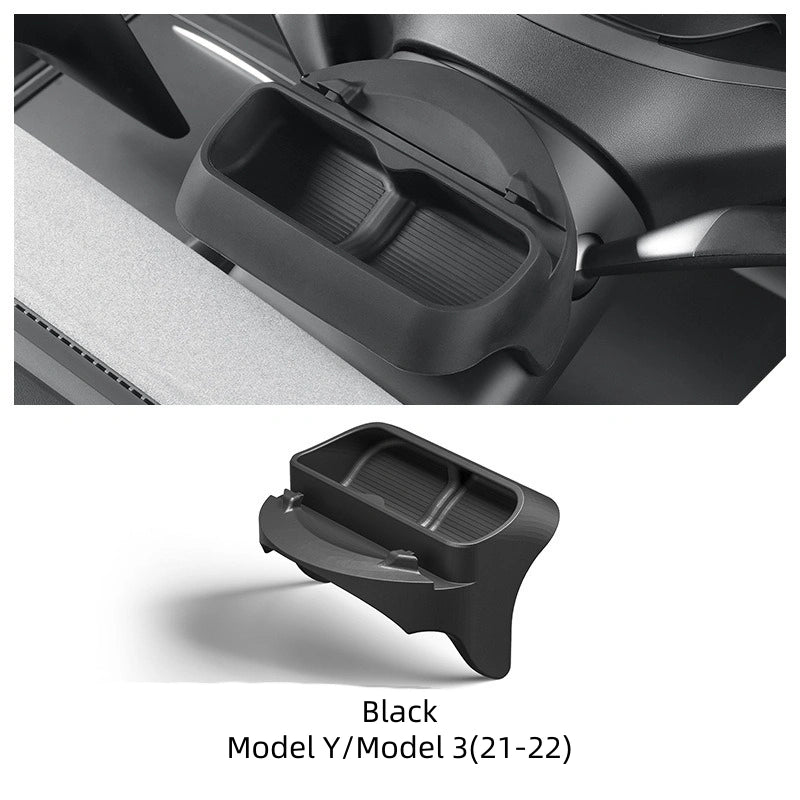 Car interior organizer tray with additional storage compartment, shown in black for Model Y and Model 3 vehicles.