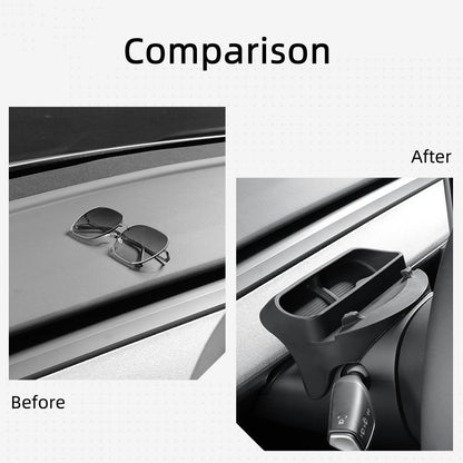 Comparison of a car organizer tray with and without sunglasses, labeled 'Before' and 'After'.