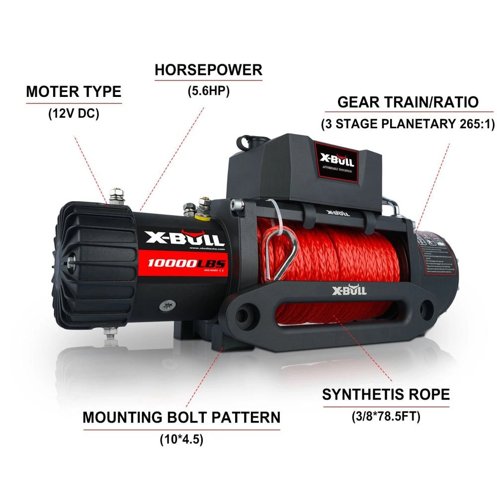 X-BULL Electric Winch with Synthetic Rope for Towing Truck Off Road, 10000 LBS Load Capacity, 12V, 5.6hp