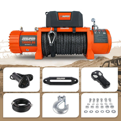 ZESUPER Waterproof Electric Winch with Synthetic Rope for Off Road, Warless Remote and Corded Control, 13000 lb. Load Capacity, 12V, IP67