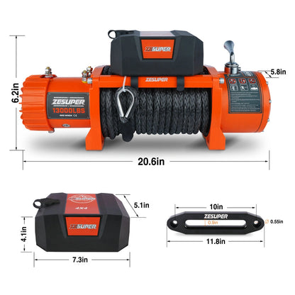 ZESUPER Waterproof Electric Winch with Synthetic Rope for Off Road, Warless Remote and Corded Control, 13000 lb. Load Capacity, 12V, IP67