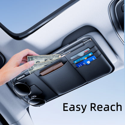 Car Sun Visor Organizer Bag for Sunglasses and Cards, Leather, Black