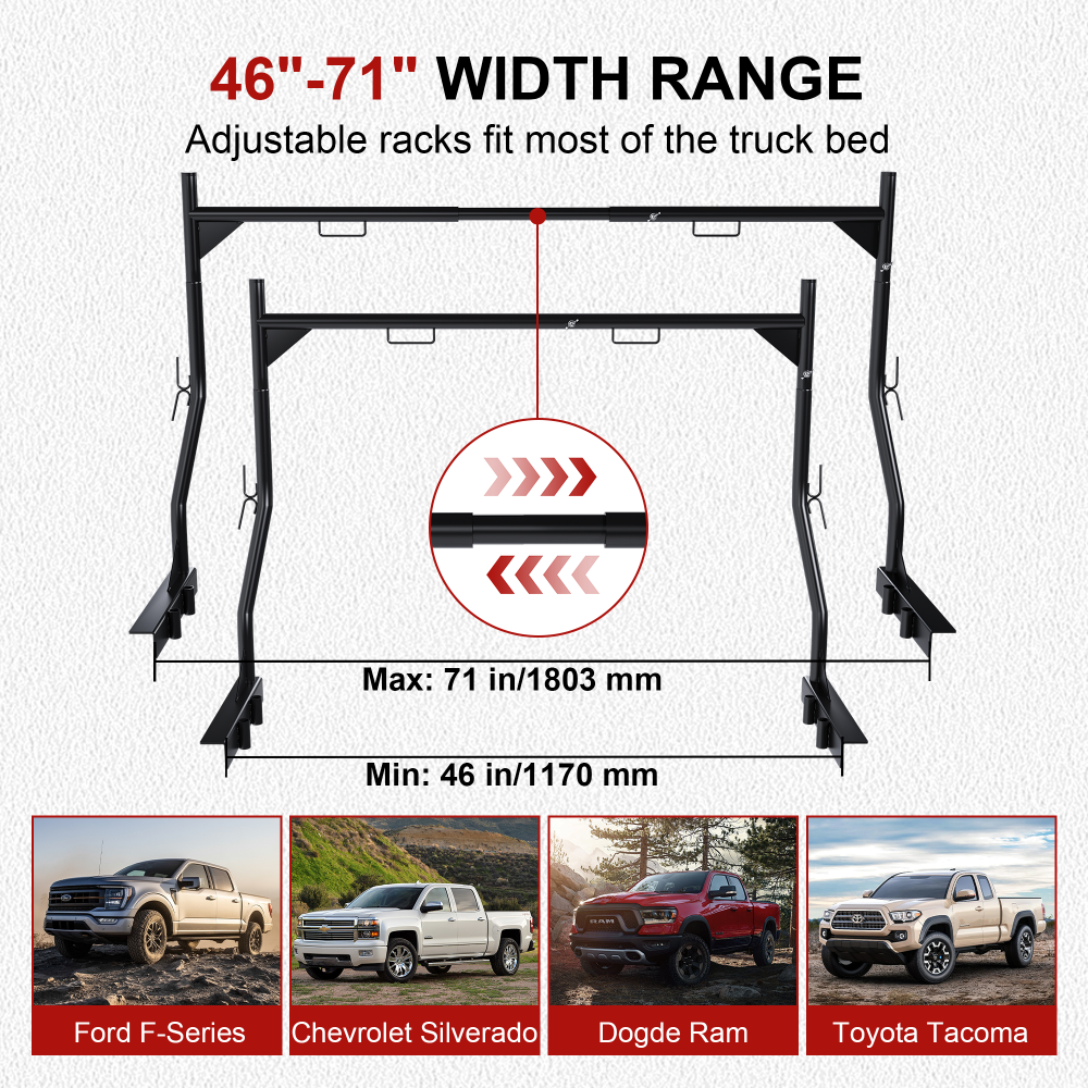 Heavy-Duty Universal Truck Cargo Rack, 900LB Capacity, No-Drill Installation, Adjustable 46-71 inch, Steel