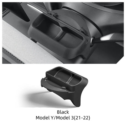 Car interior organizer tray with additional storage compartment, shown in black for Model Y and Model 3 vehicles.