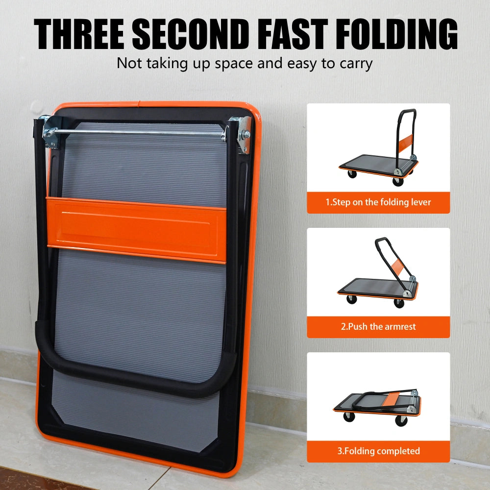 Foldable Heavy Duty Flatbed Cart for Loading, 660lbs Capacity, 360 Degree Swivel Wheels