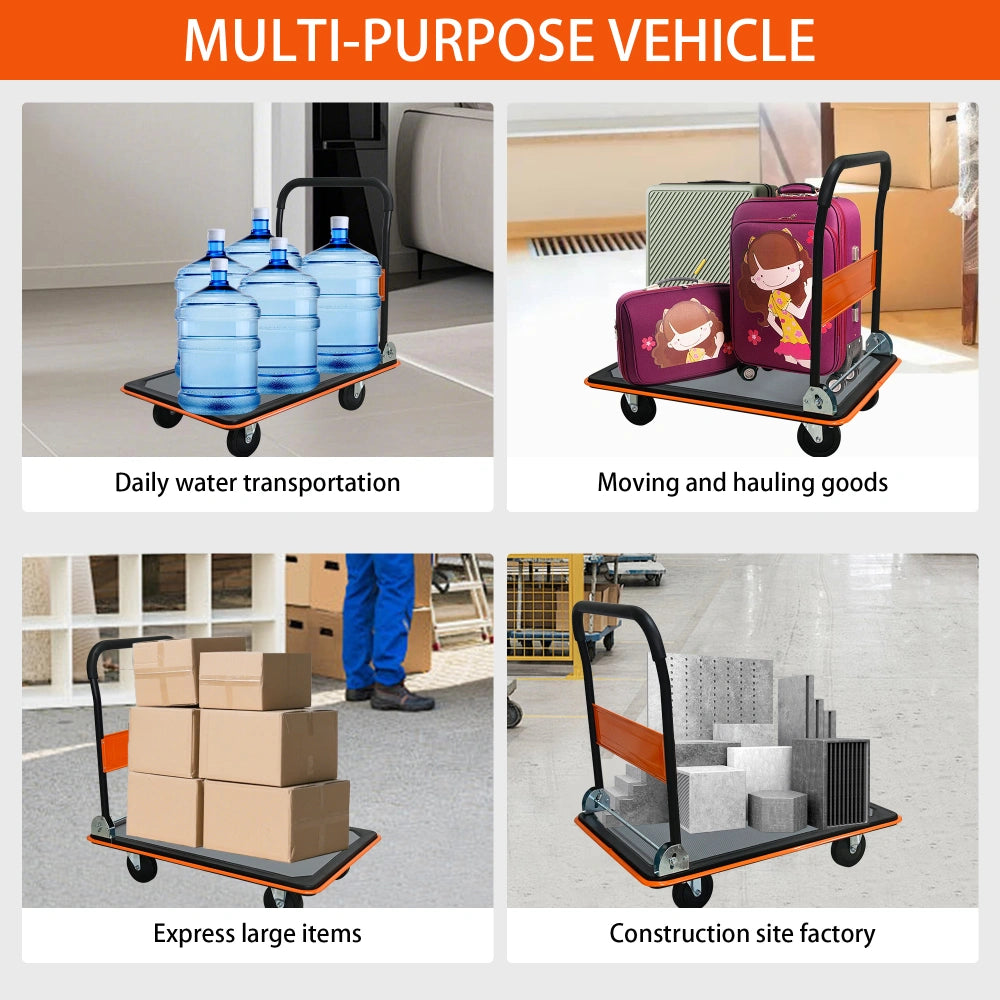 Foldable Heavy Duty Flatbed Cart for Loading, 660lbs Capacity, 360 Degree Swivel Wheels