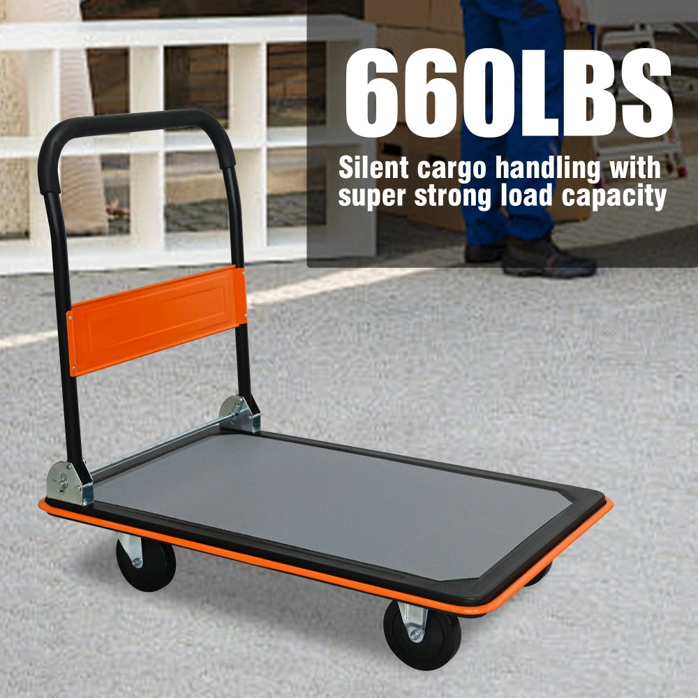 Foldable Heavy Duty Flatbed Cart for Loading, 660lbs Capacity, 360 Degree Swivel Wheels