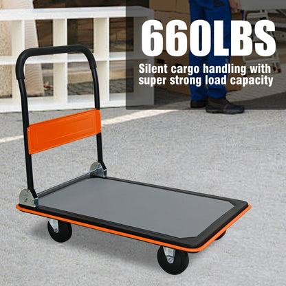Foldable Heavy Duty Flatbed Cart for Loading, 660lbs Capacity, 360 Degree Swivel Wheels