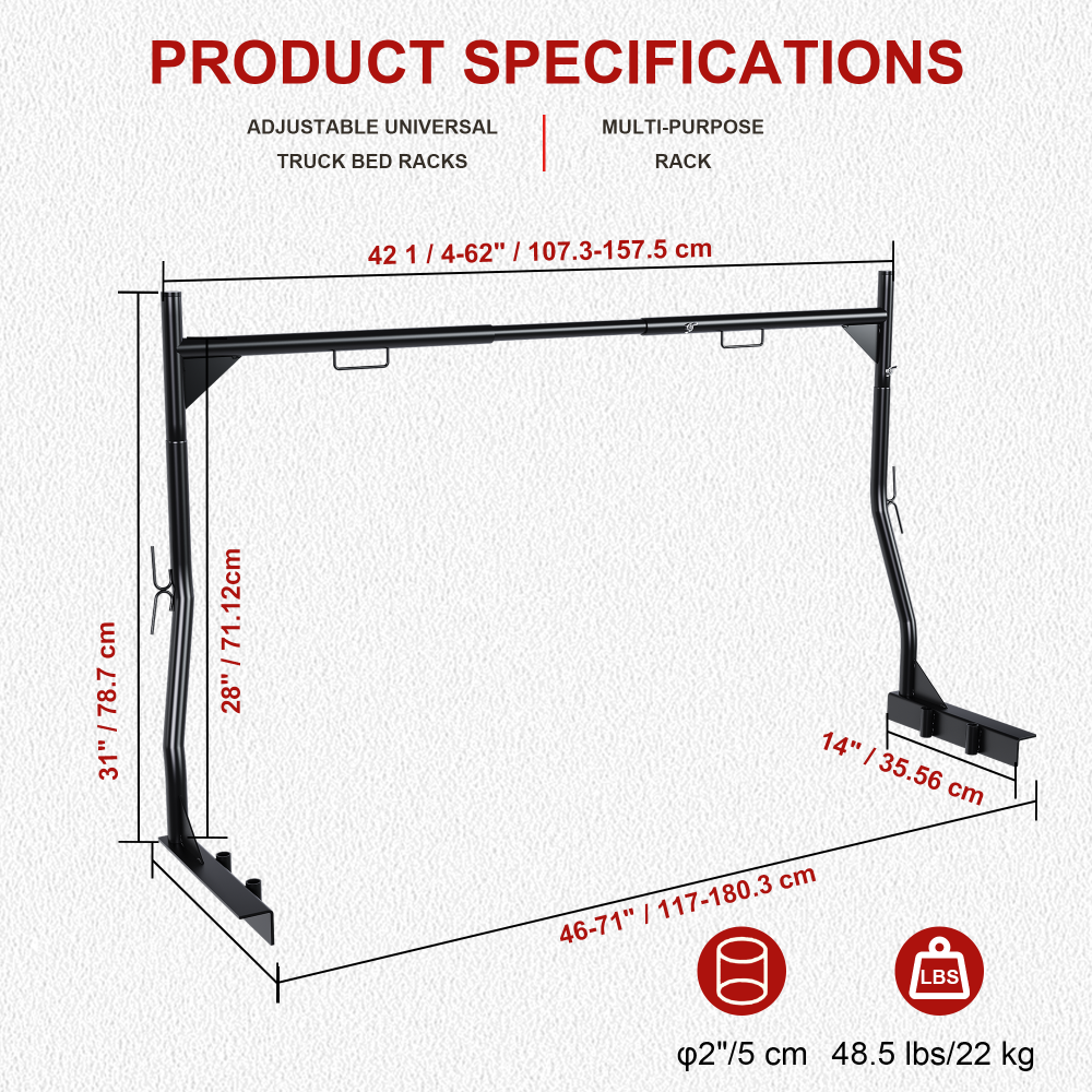 Heavy-Duty Universal Truck Cargo Rack, 900LB Capacity, No-Drill Installation, Adjustable 46-71 inch, Steel