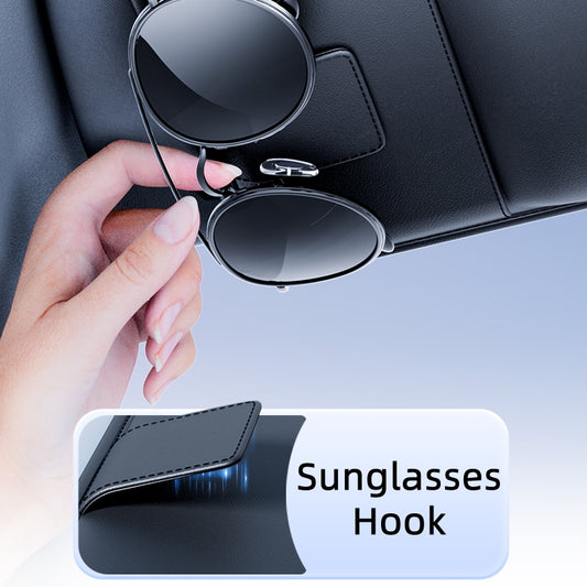 Car Sun Visor Organizer Bag for Sunglasses and Cards, Leather, Black
