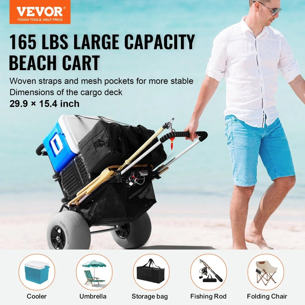 VEVOR Foldable Dolly with 12" Balloon Wheels and Pump for Beach and Camping, Adjustable Height, 165LBS Loading Capacity, Aluminum