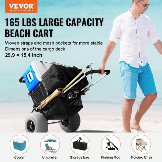 VEVOR Foldable Dolly with 12" Balloon Wheels and Pump for Beach and Camping, Adjustable Height, 165LBS Loading Capacity, Aluminum
